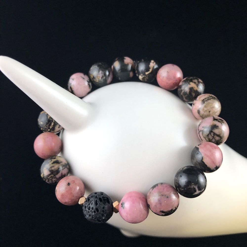 Rhodonite and lava beaded bracelet